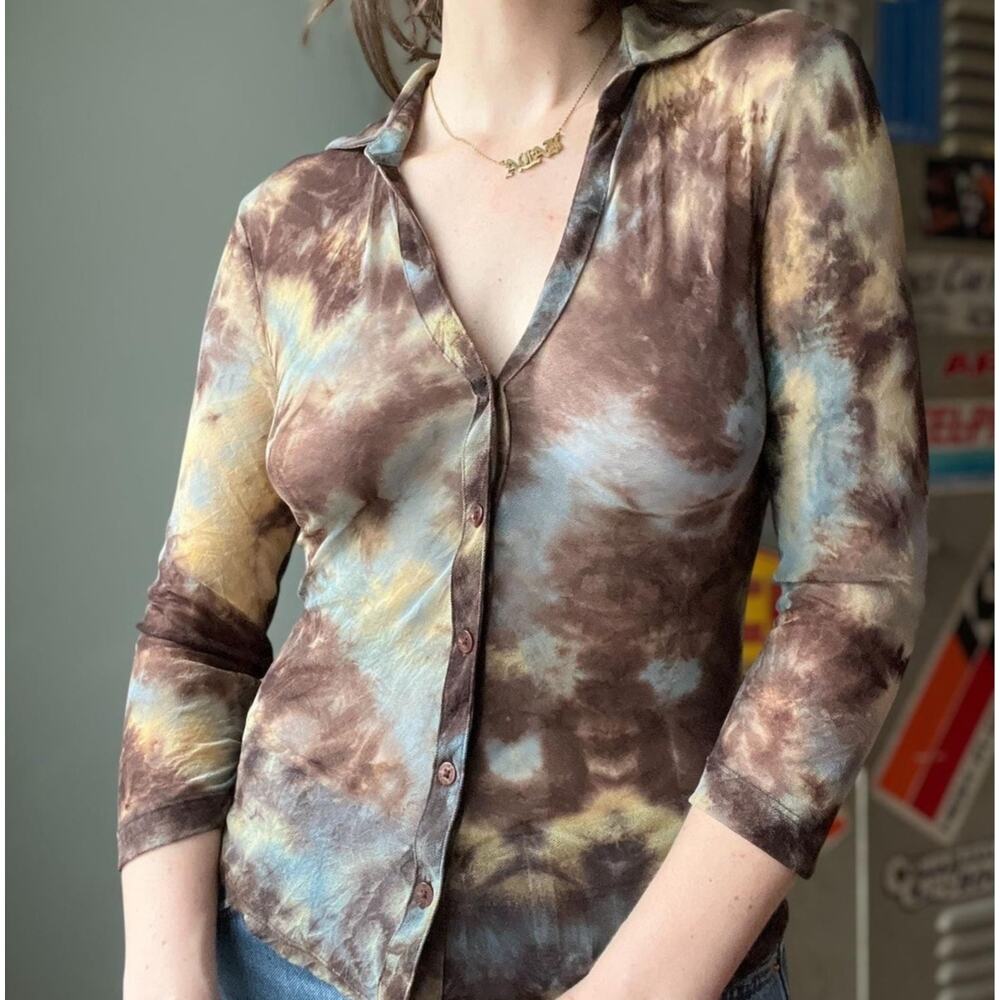 Vintage 90s Guess Mesh Top | Sheer Tie Dye Collared Shirt | Grunge Y2K | XS–S